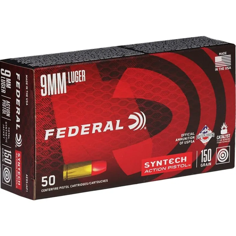 Federal Syntech 9mm Luger Ammunition 150 Grain Total Synthetic Jacket Flat Nose - AE9SJAP1
