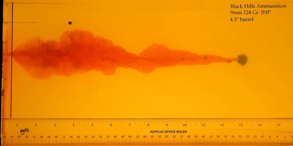 ballistics gel test 9mm 124 black hills jhp round from a 4.5 inch barrel penetrating 13 inches deep