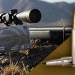picture of federal premium 7mm backcountry ammo with suppressed sniper rifle on rock ledge in outdoor sunny setting