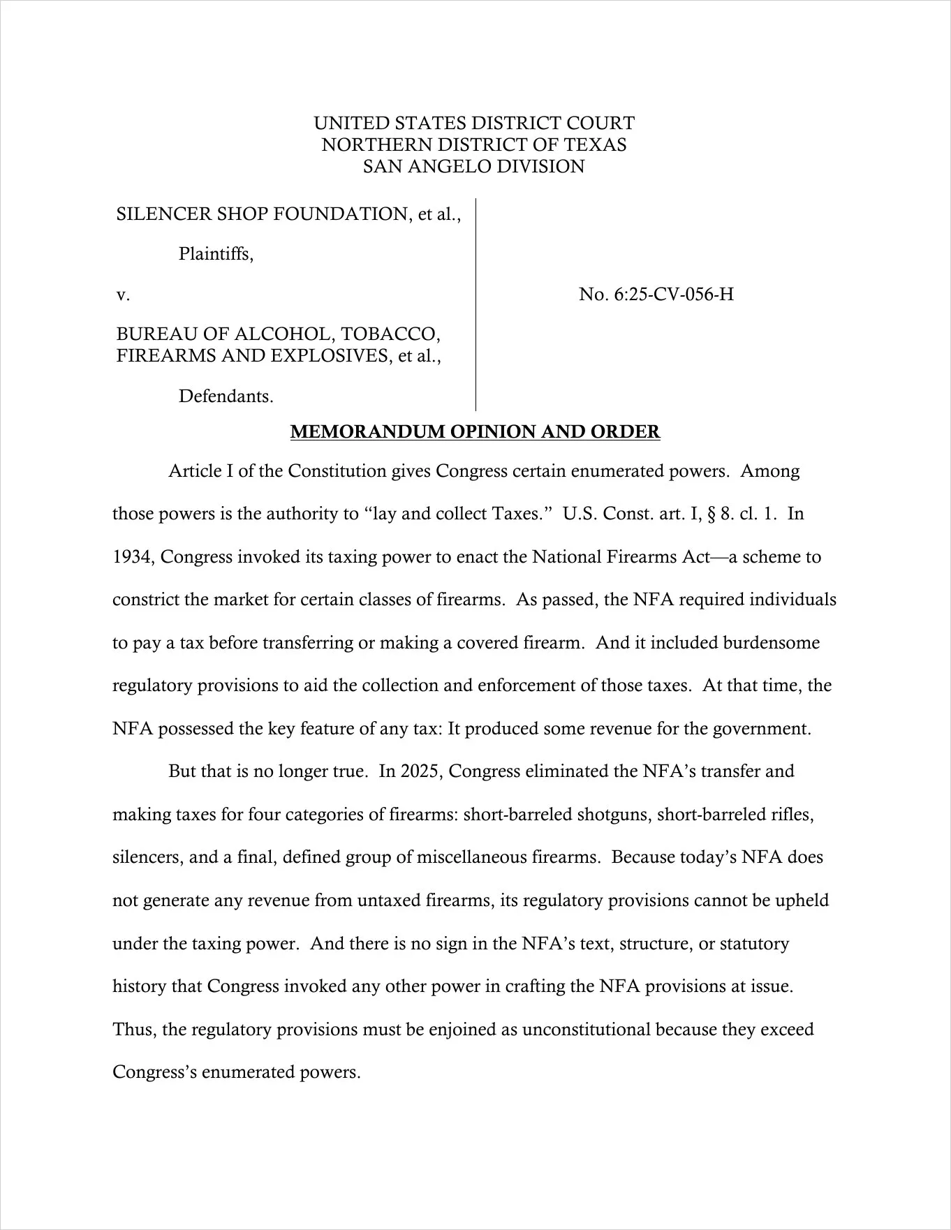 First page of the Aug. 5, 2026 memorandum opinion in Silencer Shop Foundation v. ATF